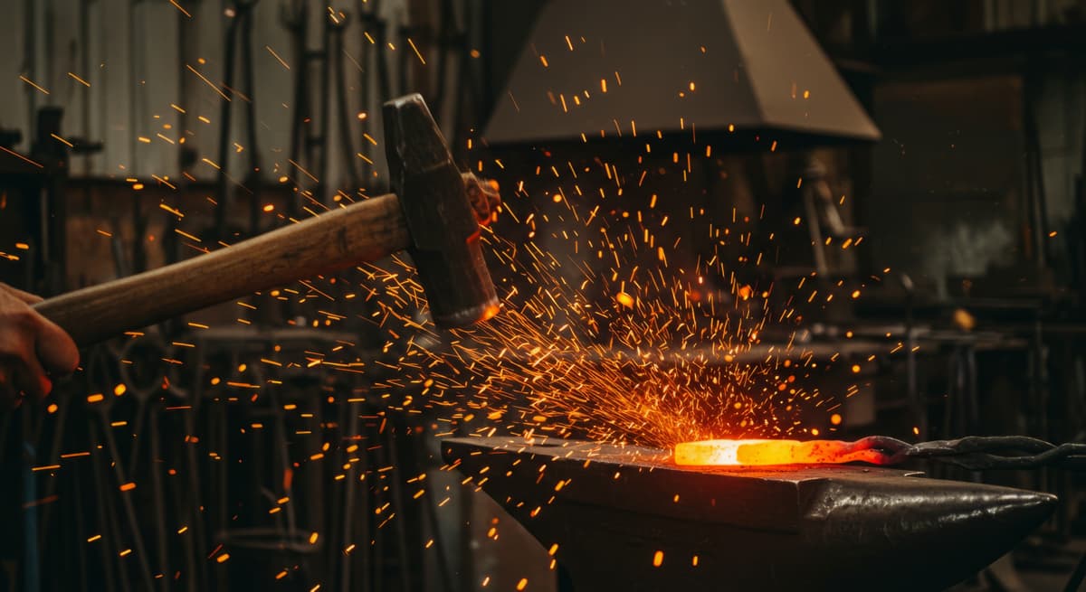 Blacksmith forging metal with sparks flying - representing the craftsmanship and precision needed to forge new economic zones.
